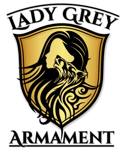 Lady Grey Armament crest — woman and wolf on a gold shield